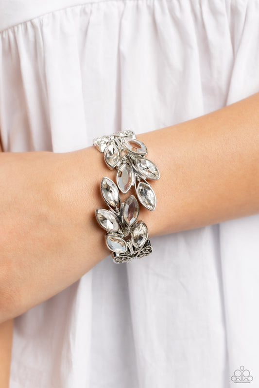 Luminous Laurels - White Marquise-Cut Gems/Silver leafy Filigree Paparazzi Cuff Bracelet