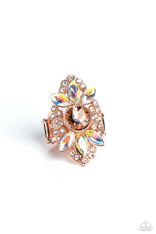 GLISTEN Here! - Copper Filigree & White, Iridescent, Peach Rhinestones Paparazzi Ring