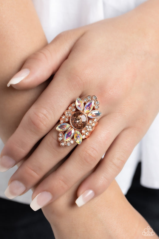 GLISTEN Here! - Copper Filigree & White, Iridescent, Peach Rhinestones Paparazzi Ring