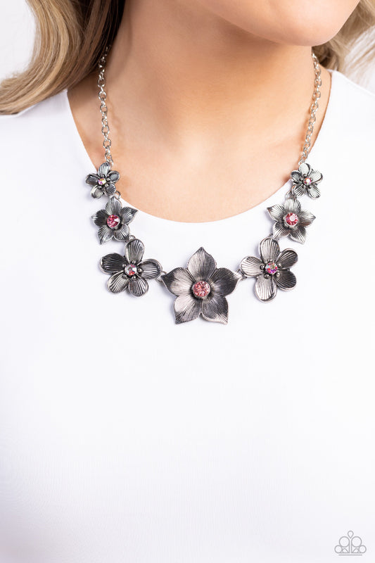 Free FLORAL - Pink Iridescent Gem/Tactile Silver Flowers Paparazzi Necklace & matching earrings