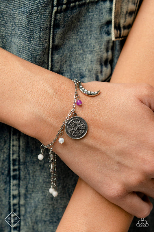 Talented Traveler - Purple & Opalescent Beads/Compass, Star & Moon Charms Paparazzi Adjustable Bracelet