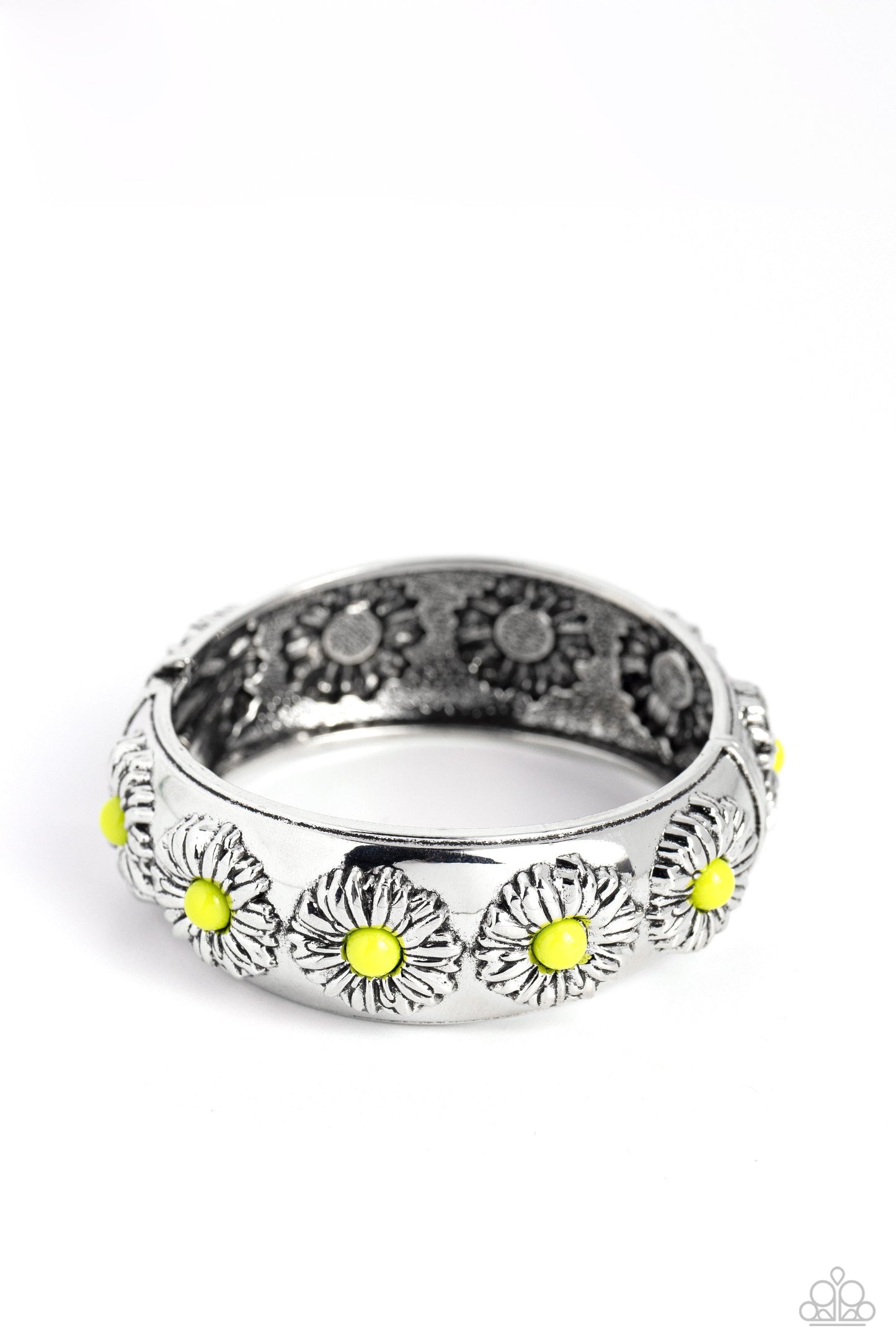 Taking FLORAL - Green Bead Centers/Embossed Silver Sunflower Paparazzi Hinge Bracelet