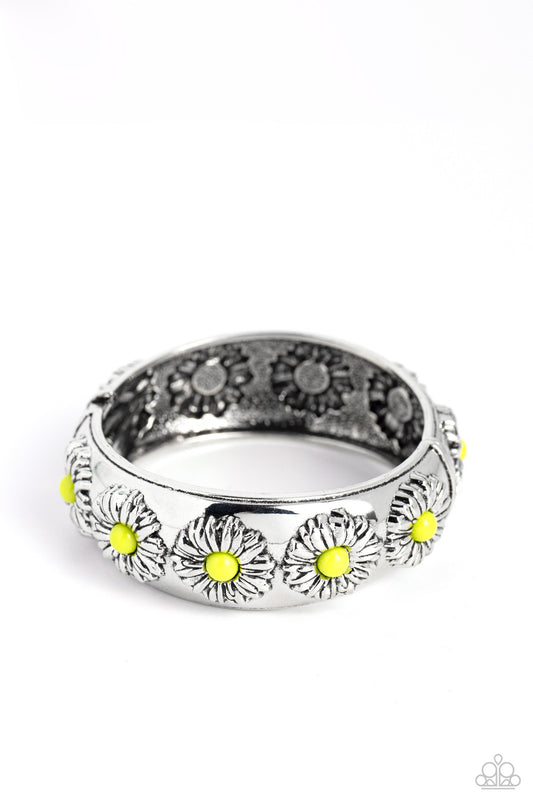 Taking FLORAL - Green Bead Centers/Embossed Silver Sunflower Paparazzi Hinge Bracelet