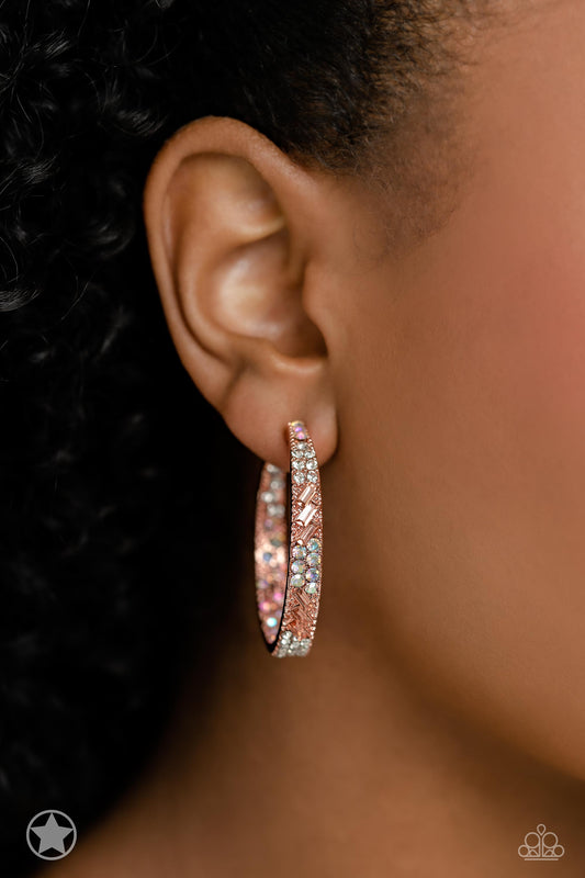 Glitzy by Association - Copper Hoop/Iridescent, Peach, & White Rhinestone Paparazzi Earrings