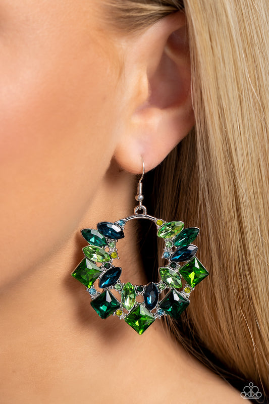 Wreathed in Watercolors - Green & Blue Rhinestone Encrusted Silver Wreath Paparazzi Earrings