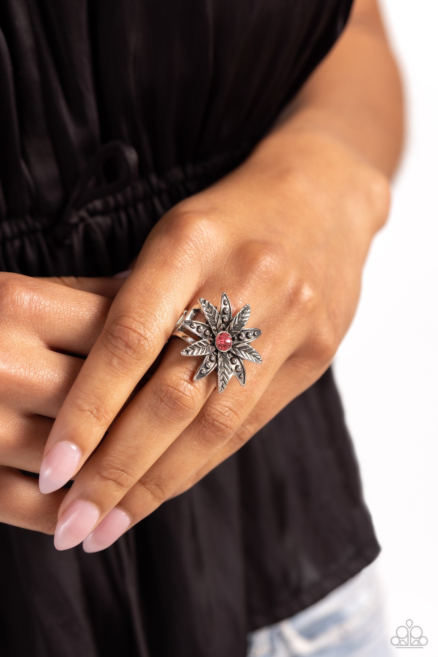 Sunflower Season - Pink Gem Center/Textured Silver Petals Paparazzi Ring