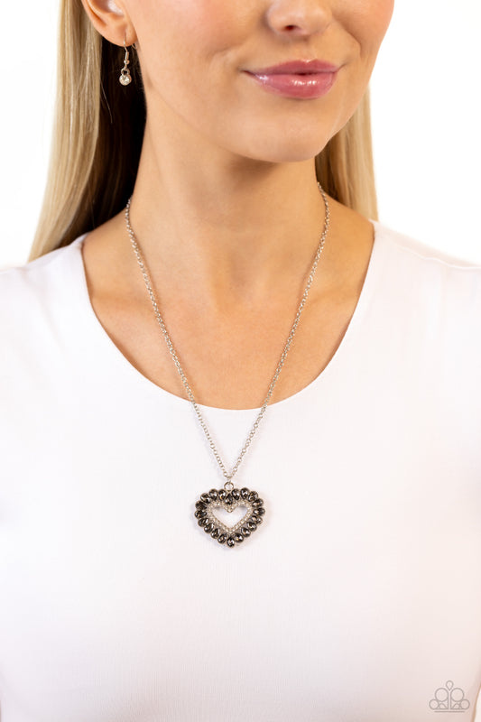 FLIRT No More - Silver Smoky Gem Encrusted Heart Pendant Paparazzi Necklace & matching earrings