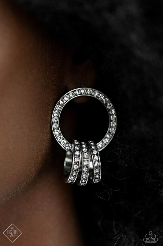 Adorned Allegiance - White Rhinestone Encrusted Interlocking Loops Paparazzi Earrings