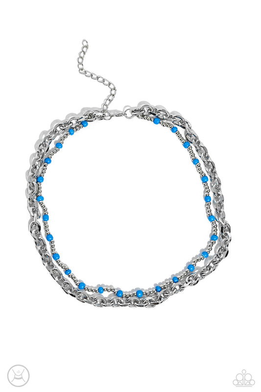 A Pop of Color - Blue Beads/Bold Silver Chain Paparazzi Choker Necklace & matching earrings