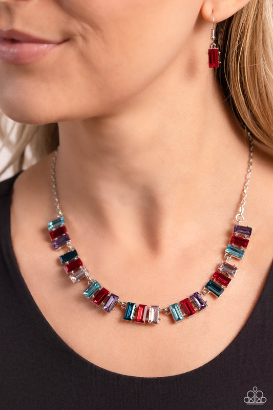Elite Emeralds - Red, Blue, Purple, & Pink Emerald-Cut Bars Paparazzi Necklace & matching earrings