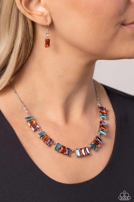 Elite Emeralds - Orange/Blue/Purple Emarald-Cut Bar Paparazzi Necklace & matching earrings