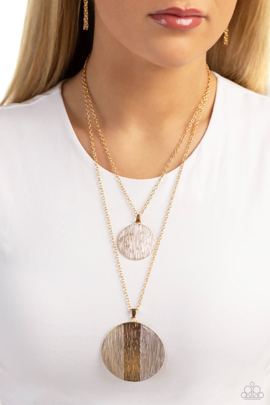 Striped Style - White Painted Gold Disc Pendant Paparazzi Necklace & matching earrings