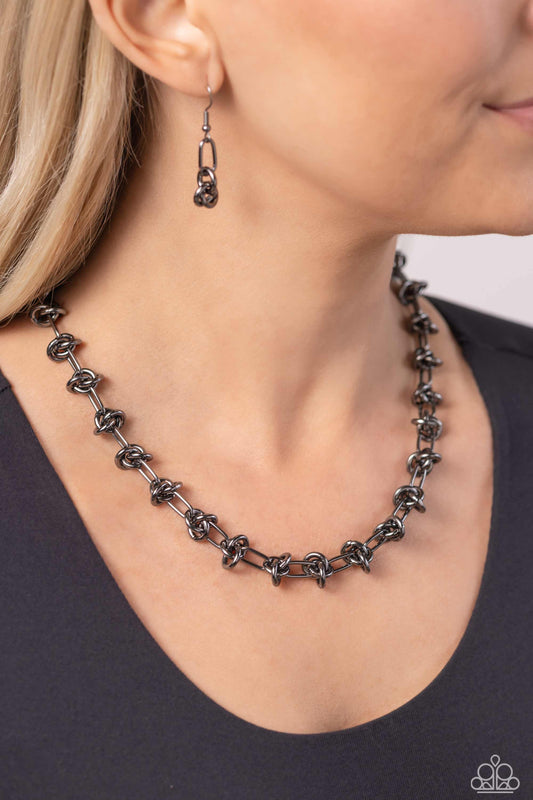 Knotted Kickoff - Gunmetal Paperclip Link Chain Paparazzi Necklace & matching earrings