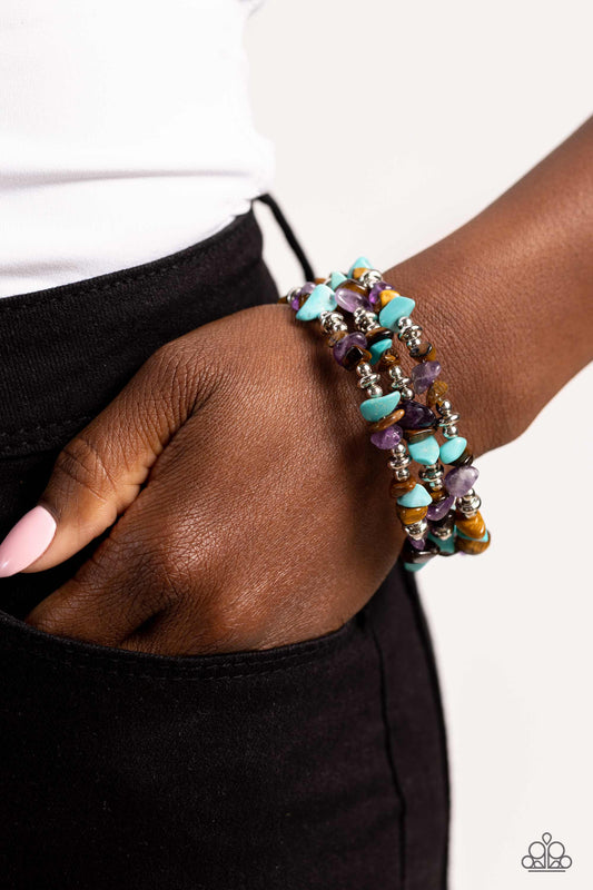 Stacking Stones - Brown Tiger's Eye, Turquoise, & Amethyst Stone Paparazzi Coil Bracelet