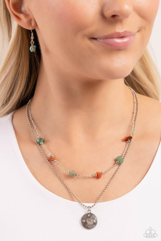 Sense of Direction - Green/Orange Stones / Compass Pendant Paparazzi Necklace & matching earrings