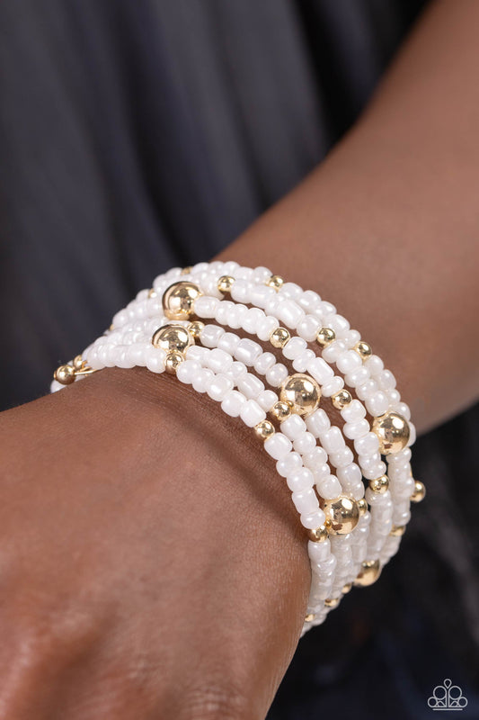 Refined Retrograde - Gold Accents/Pearly White Seed Beads Paparazzi Coil Bracelet