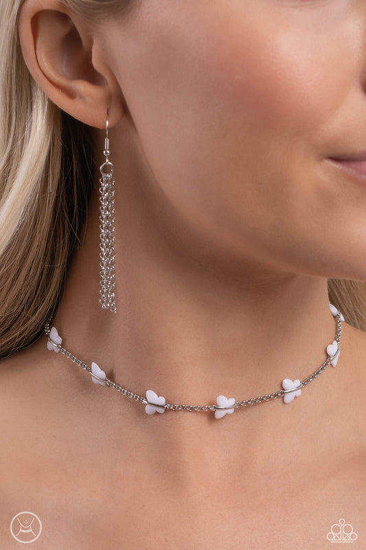 FLYING in Wait - White Butterly Paparazzi Choker Necklace & matching earrings