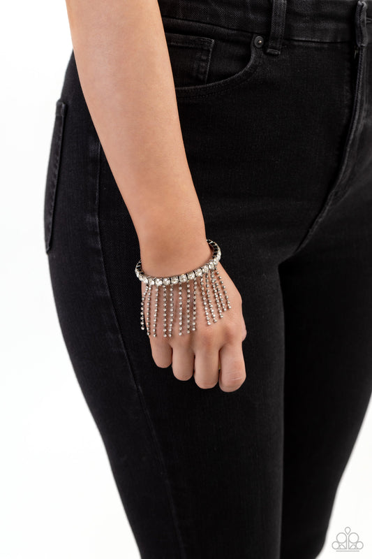 Stardust Shower - Gunmetal Cuff & White Rhinestone Fringe Paparazzi Cuff Bracelet