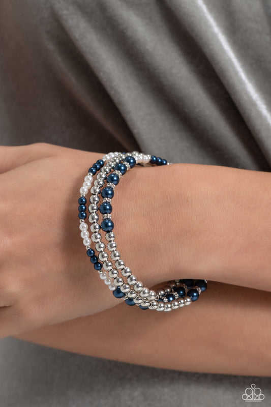 Just SASSING Through - Blue & White Pearls/SIlver Beads Paparazzi Coil Bracelet