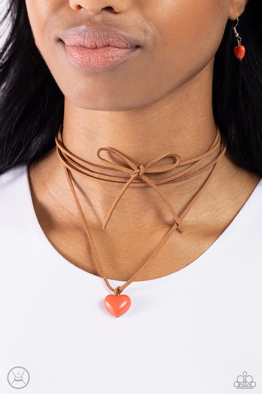 Wanderlust Wardrobe - Orange Stone Heart/Brown Suede Paparazzi Necklace & matching earrings