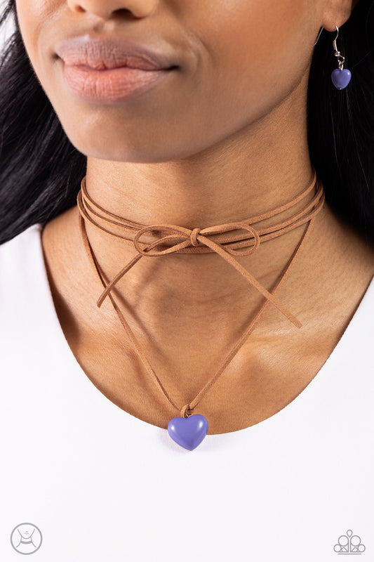 Wanderlust Wardrobe - Blue Stone Heart/Brown Suede Paparazzi Necklace & matching earrings