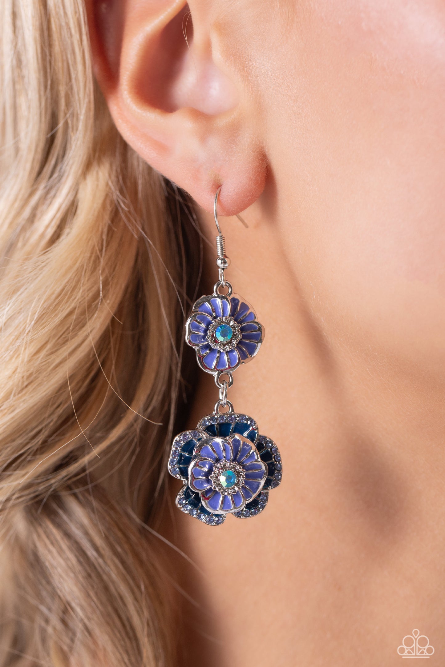 Intricate Impression - Blue Iridescent Gem Centers/Blue Flower Paparazzi Earrings