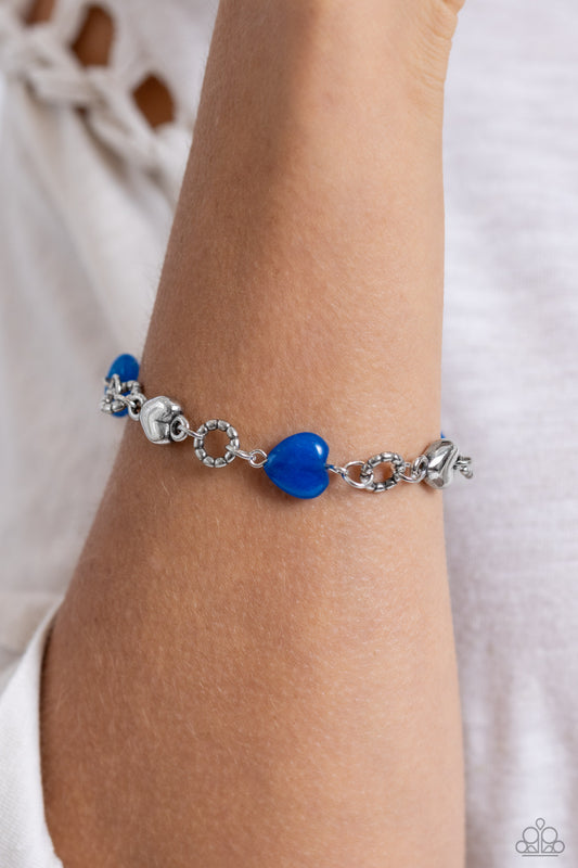 I Can Feel Your Heartbeat - Blue Stones & Silver Hearts Paparazzi Adjustable Bracelet