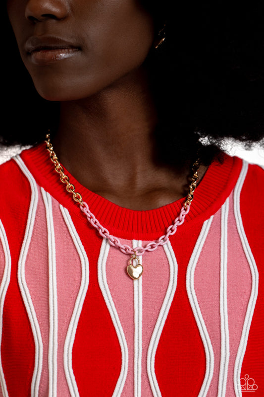 Locked Down - Pink/Gold Chain & Gold Lock Pendant Paparazzi Necklace