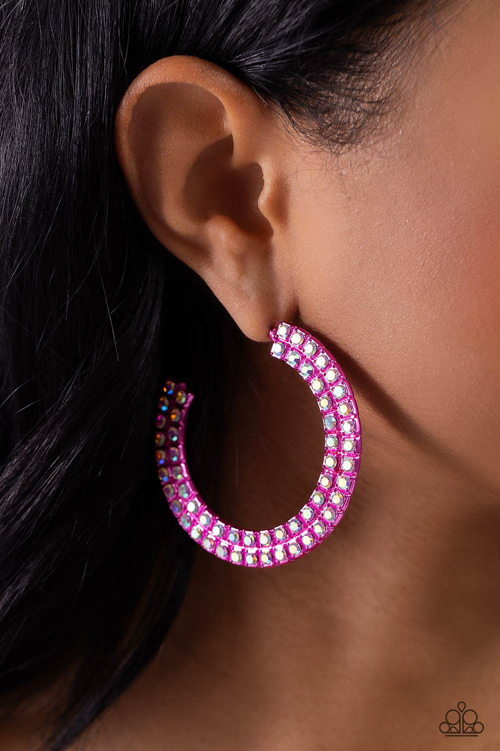 Flawless Fashion - Pink Oversized Metallic Hoop/Iridescent Rhinestones Paparazzi Earrings