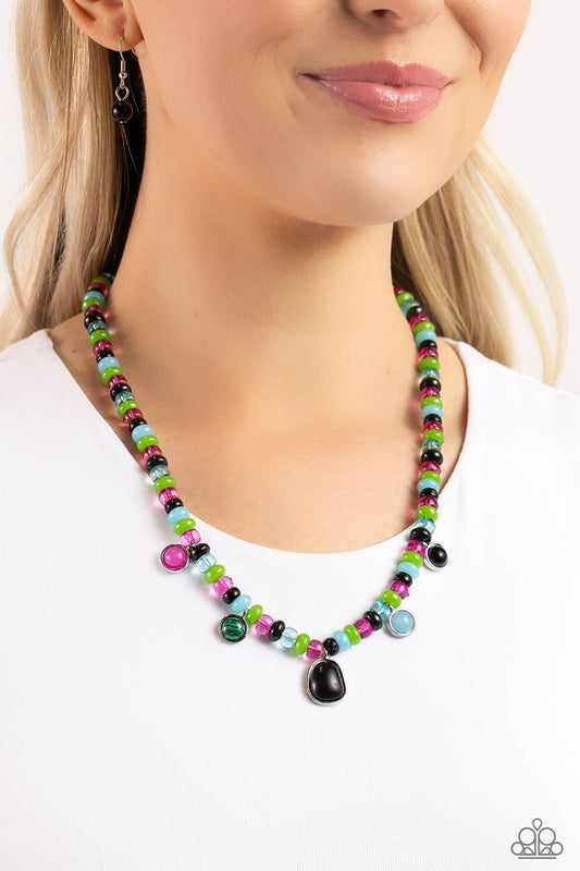 Colorfully California - Black, Pink. Green, Blue Beaded Paparazzi Necklace & matching earrings