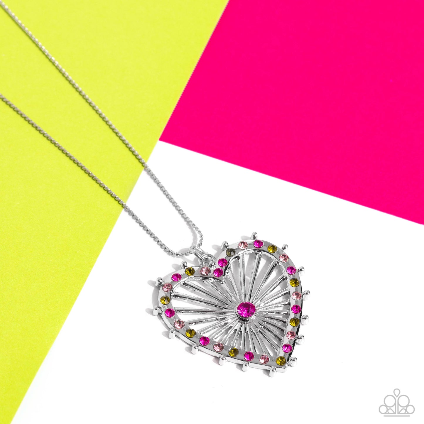 Flirting Ferris Wheel - Pink/Green Rhinestone Heart Pendant Paparazzi Necklace & matching earrings
