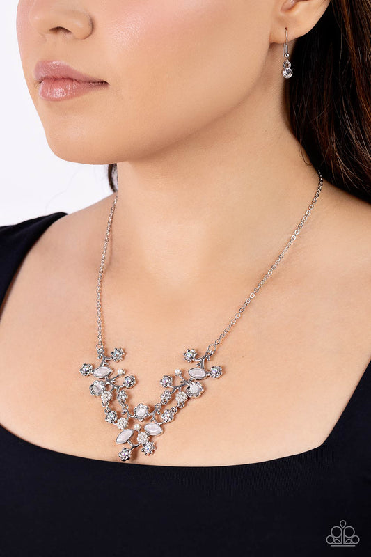 Gardening Group - White Cat's Eye Stones/Iridescent Rhinestone Paparazzi Necklace & matching earrings