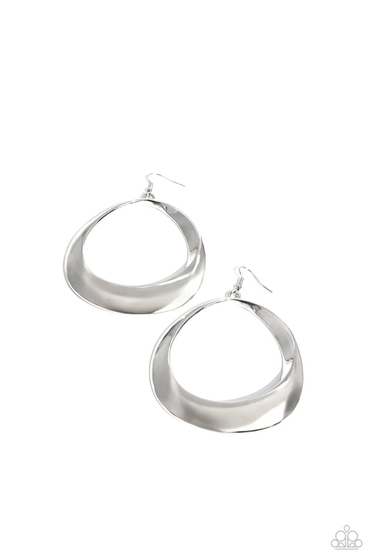 Asymmetrical Action - Silver Oversized Warped Ring Paparazzi Earrings