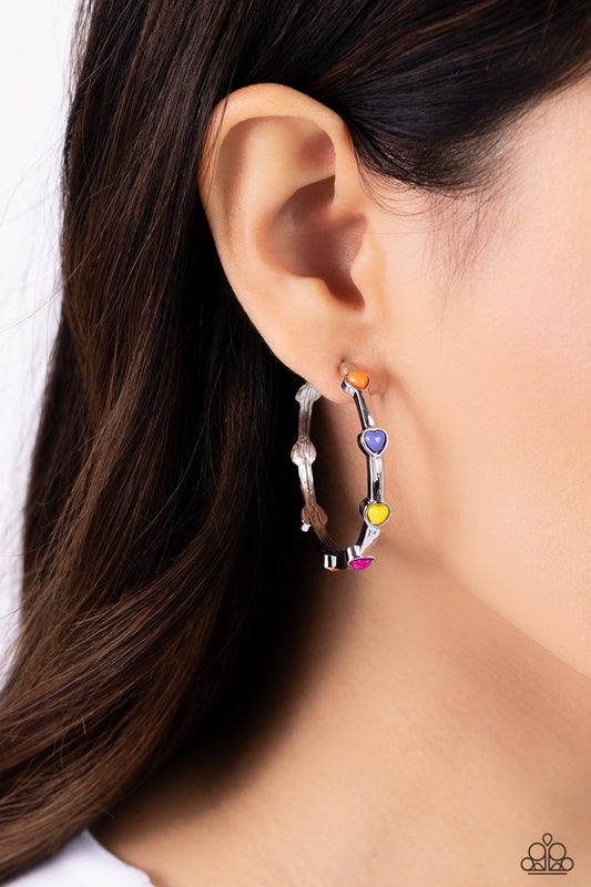 Affectionate Actress - Orange, Blue, Yellow, & Pink Heart Beaded Paparazzi Hoop Earrings