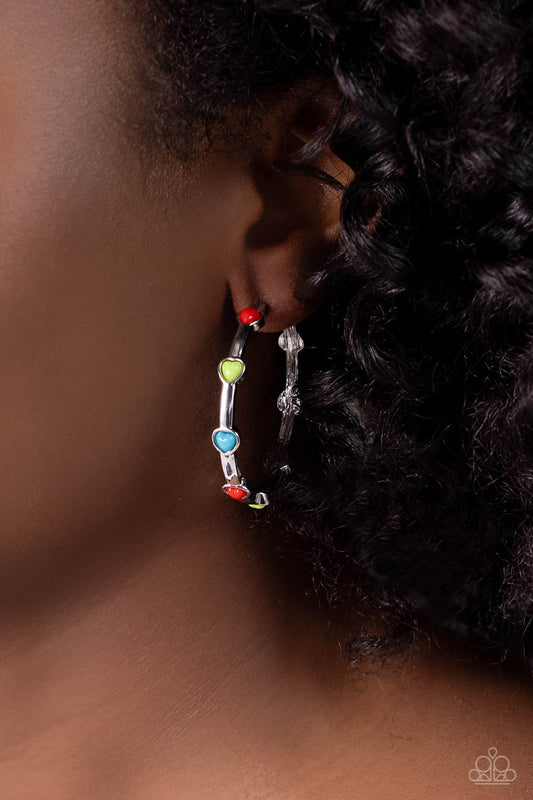Affectionate Actress - Red, Green, & Turquoise Heart Encrusted Paparazzi Hoop Earrings