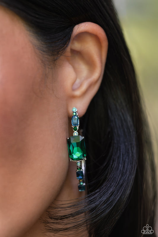 Elite Ensemble - Green & Aquamarine Gems/Oblong Hoop Paparazzi Earrings