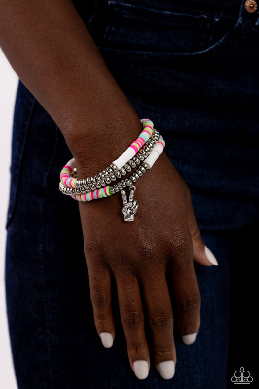 Peaceful Potential - White, Pink, Green, Blue, Tan Discs/Silver Peace Sign Paparazzi Stretch Bracelets