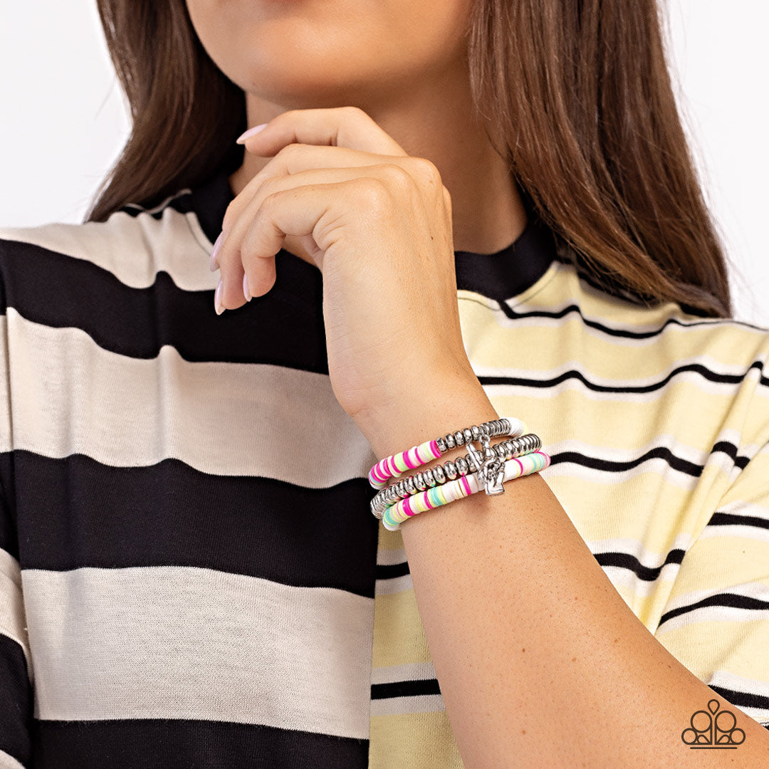Peaceful Potential - White, Pink, Green, Blue, Tan Discs/Silver Peace Sign Paparazzi Stretch Bracelets