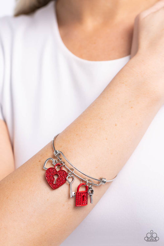 Locked Legacy - Red Rhinestones, Silver Keys, Red Lock, Red Heart Paparazzi Charm Bracelet