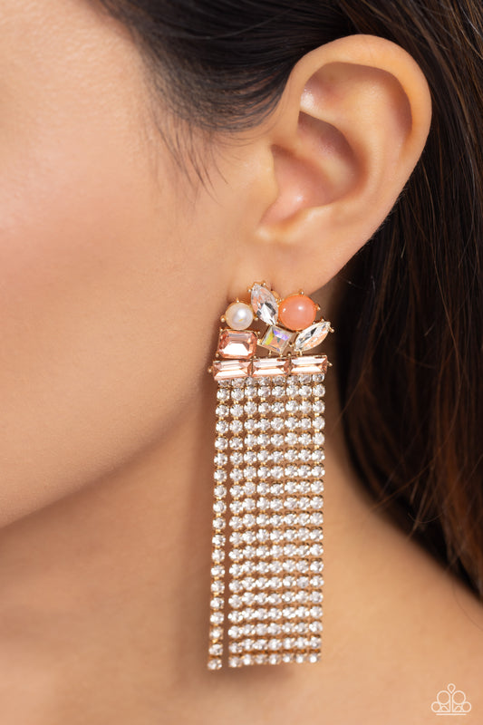 Horizontal Hallmark - Gold Fittings, Peach Iridescent Gems Paparazzi Earrings
