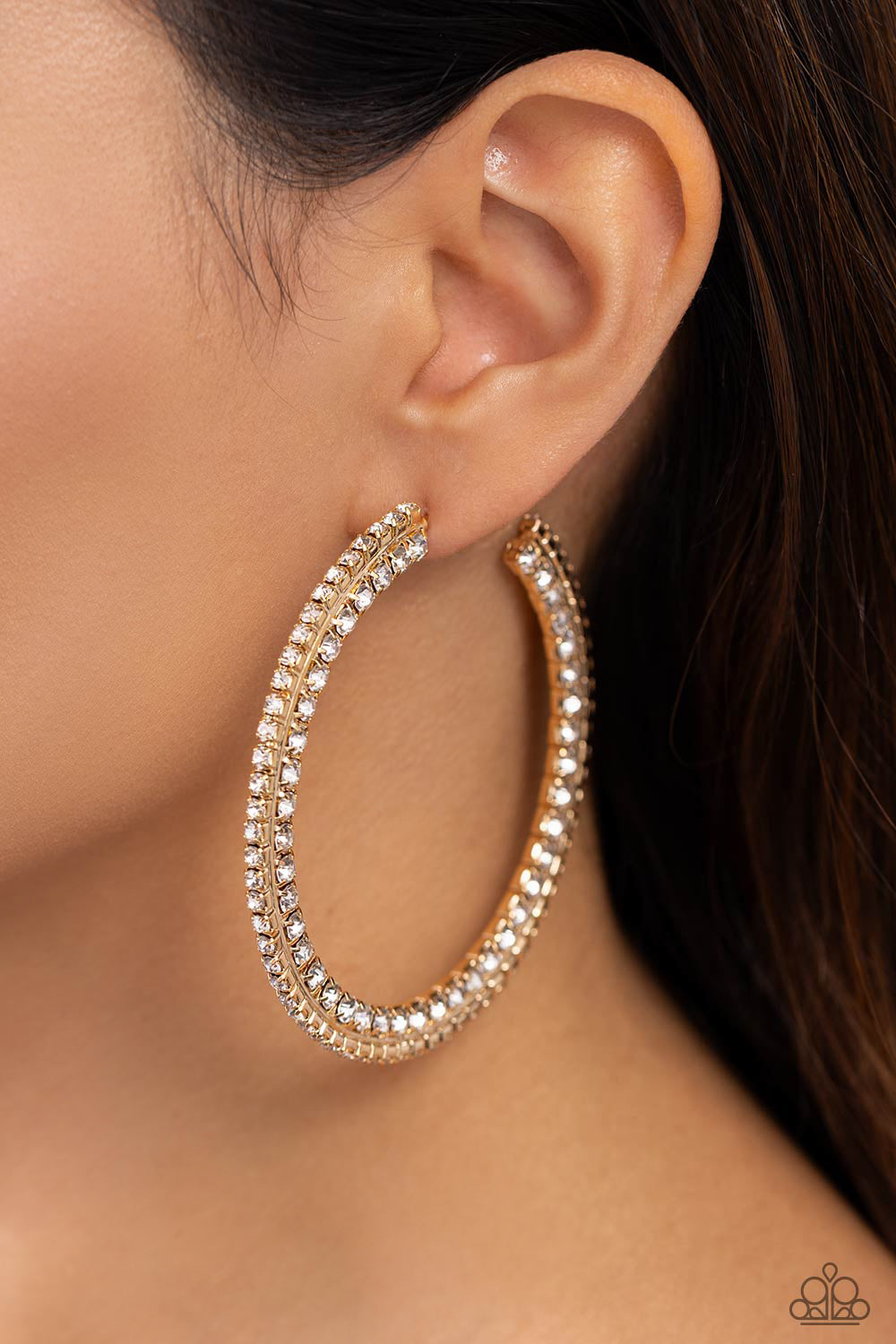 Scintillating Sass - Gold Textures Oversized Hoop/White Rhinestone Paparazzi Earrings