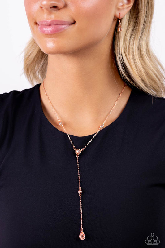 Lavish Lariat - Copper Knotted Chain/Peach Gems Paparazzi Necklace & matching earrings
