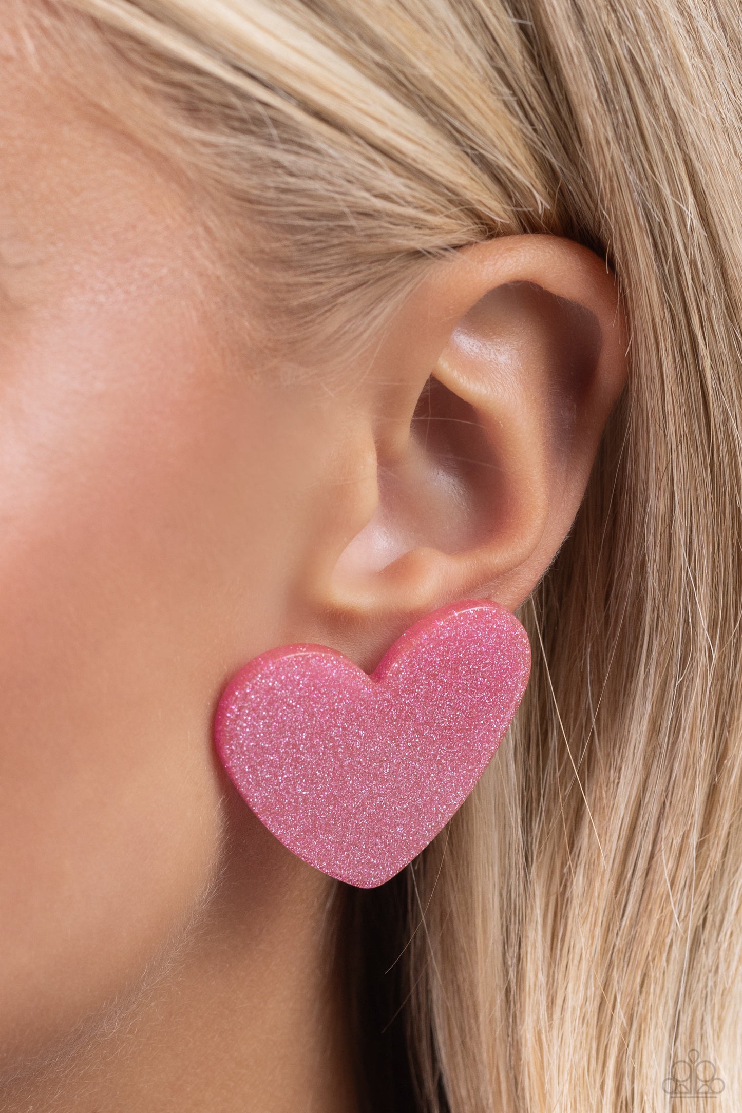 Sparkly Sweethearts - Pink Glittery Acrylic Heart Paparazzi Post Earrings
