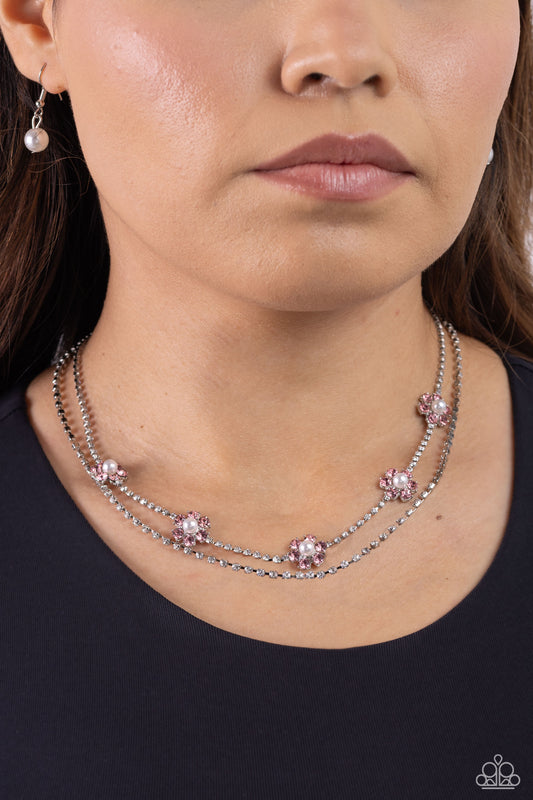 A SQUARE Beauty - Pink Rhinestone/White Pearl Flowers Paparazzi Necklace & matching earrings