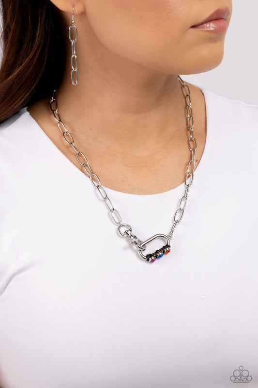 Dont Want to Miss a STRING - Black Cording/Multicored Gems/Silver Elongated Links Paparazzi Necklace & matching earrings