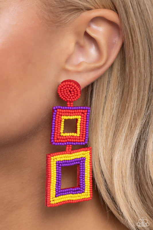 Seize the Squares - Red, Yellow, & Purple Seed Bead Squares Paparazzi Earrings