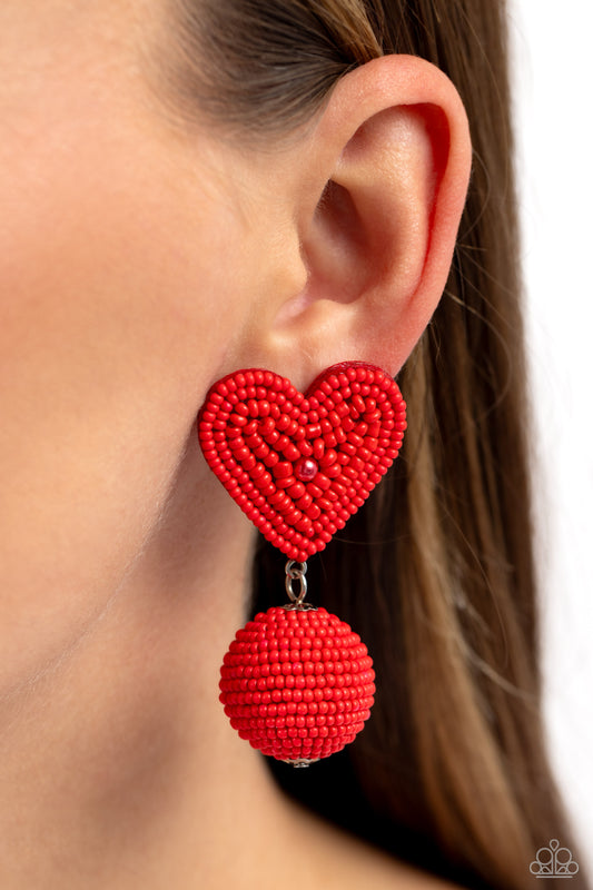 Spherical Sweethearts - Red Pearl Center/Red Seed Beads Paparazzi Earrings