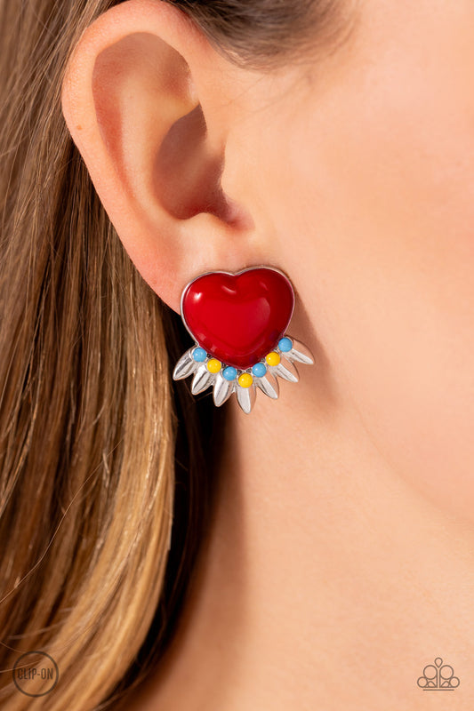 Spring Story - Red Heart/Textured Silver Leaves Paparazzi CLIP-ON Earrings