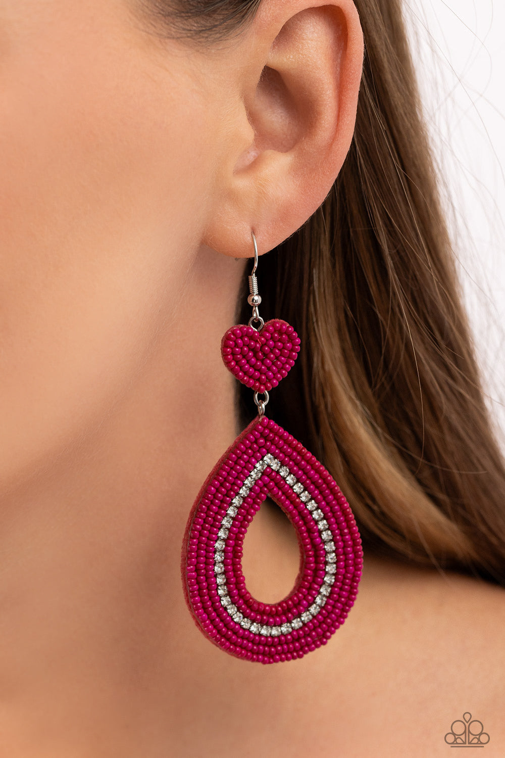 Now SEED Here - Pink Seed Beads/White Rhinestone Accents Paparazzi Earrings