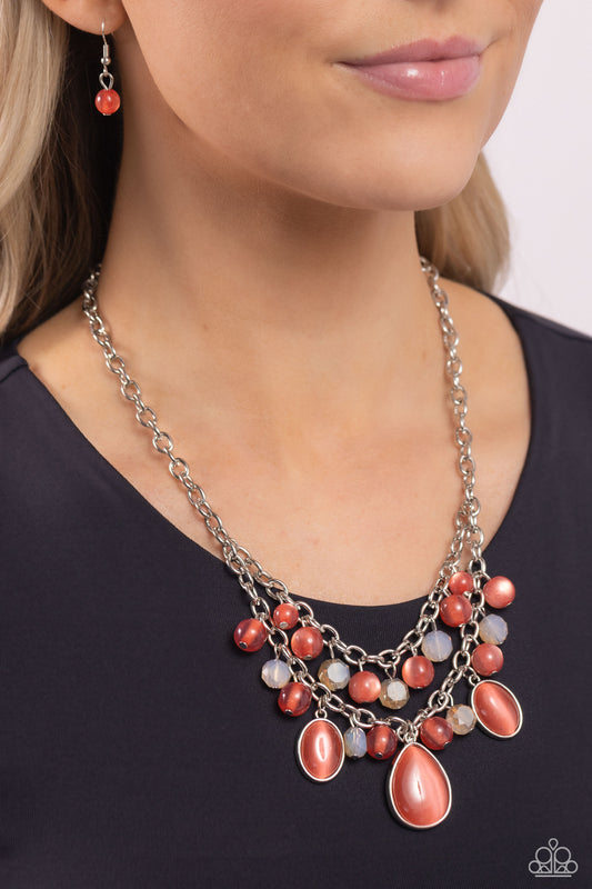 Dewy Disposition - Orange Cat's Eye Stones/Champagne Beaded Paparazzi Necklace & matching earrings